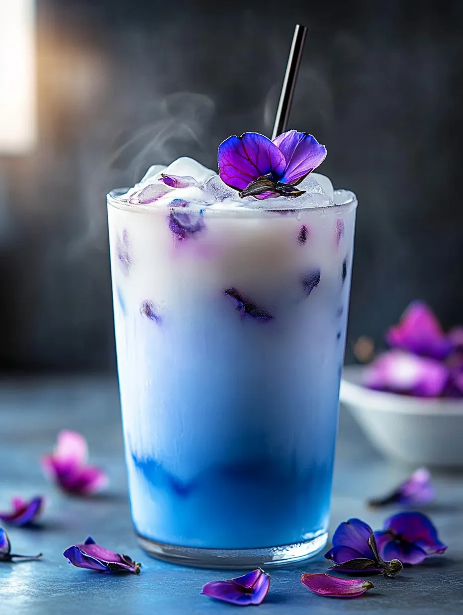 Ein Glas mit blauem Drink und lila Blüten.