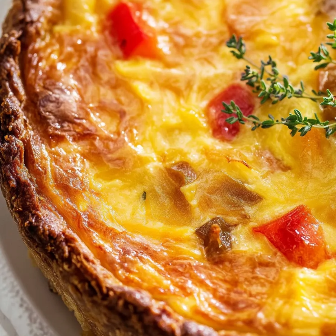 Eine Nahaufnahme einer Quiche mit Tomaten und Kräutern.