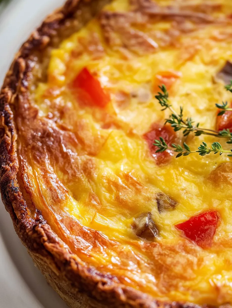 Eine Nahaufnahme einer Quiche mit Tomaten und Kräutern.