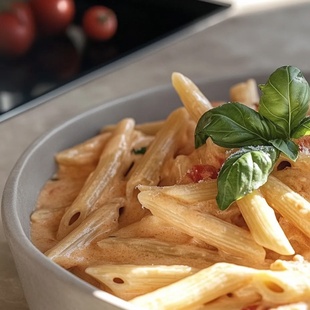 Eine Schüssel Pasta mit Tomaten und Basilikum.