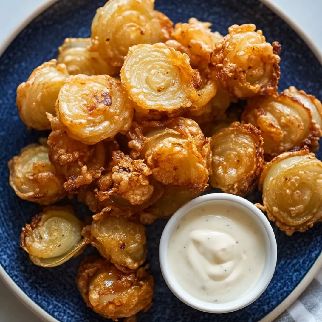 Ein Teller mit frittierten Zwiebeln und Dip.
