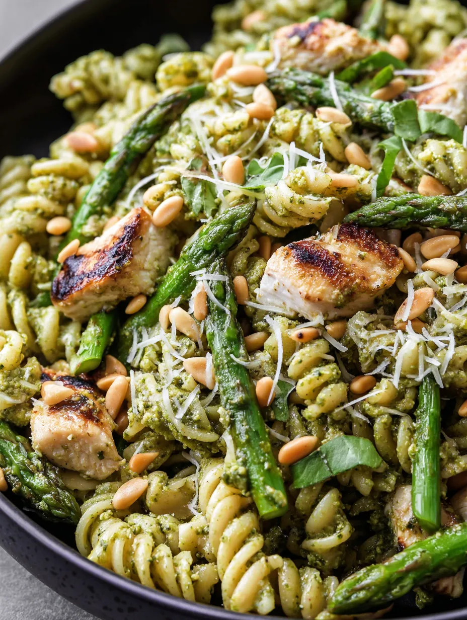 Eine Schüssel Pasta mit Hähnchen und Spargel.