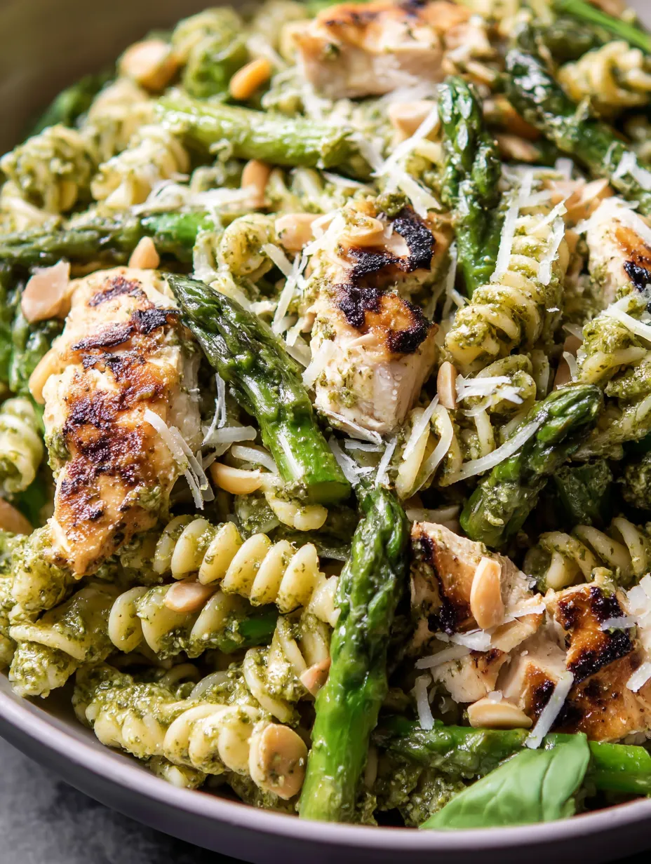Eine Schüssel Pasta mit Hähnchen und grünen Bohnen.