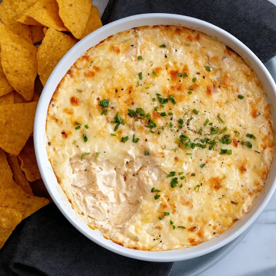 Eine Schüssel Käsedip mit Chips.