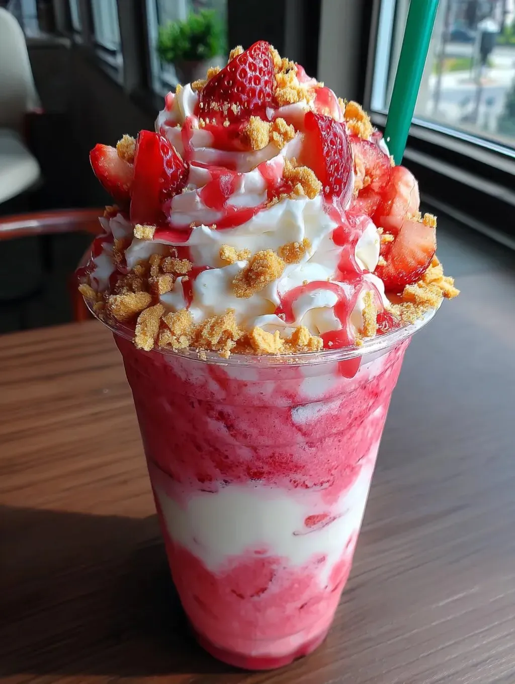 Ein Erdbeer-Milchshake mit Schlagsahne und zerkleinerten Nüssen.