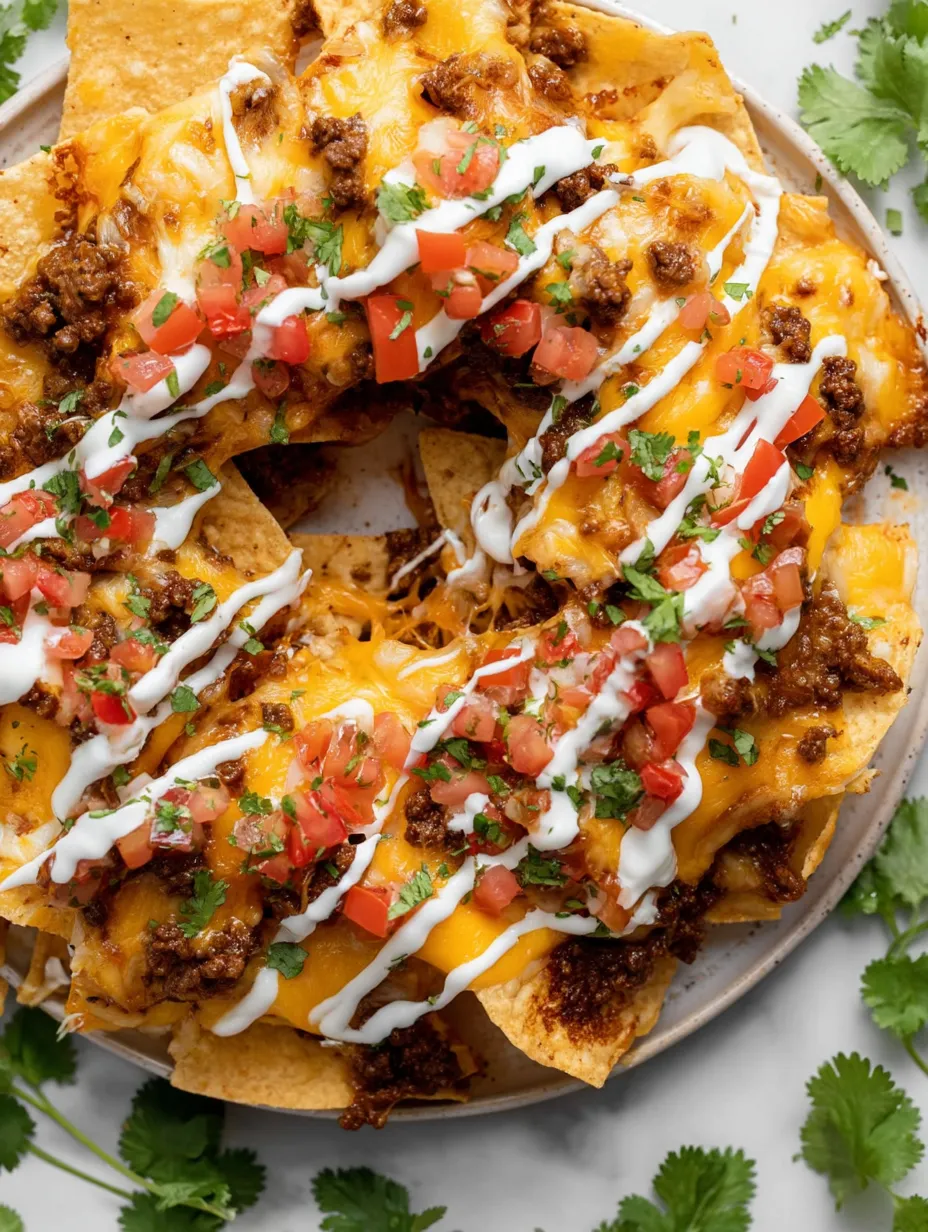 Ein Teller mit Nachos, Käse und Tomaten.