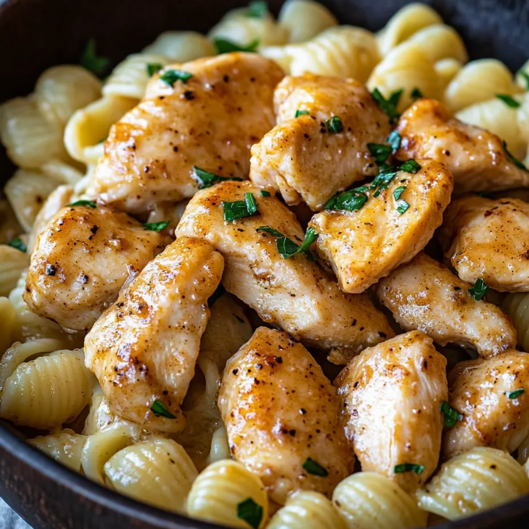 Eine Schüssel Pasta mit Huhn und Kräutern.