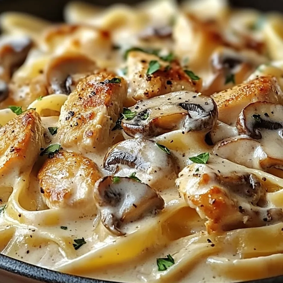 Eine Schüssel Nudeln mit Pilzen und Hähnchen.