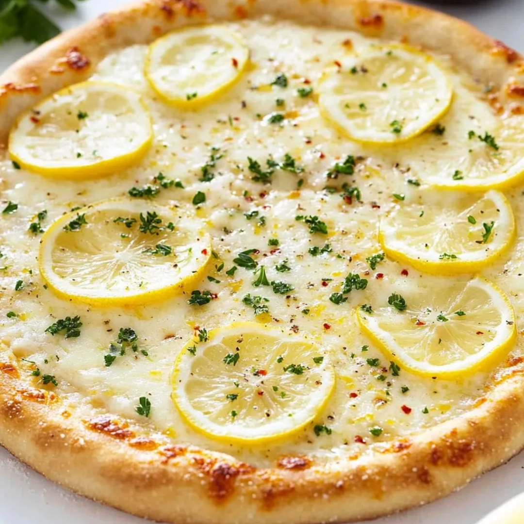 Eine Pizza mit Zitronenscheiben als Belag.