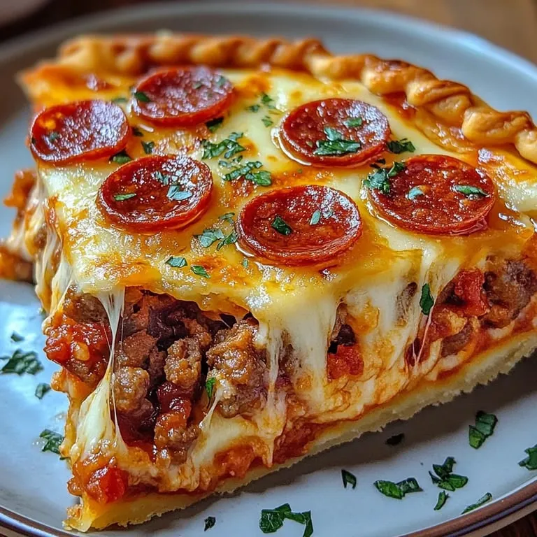 Ein Stück Pie mit Peperoni und Käse.