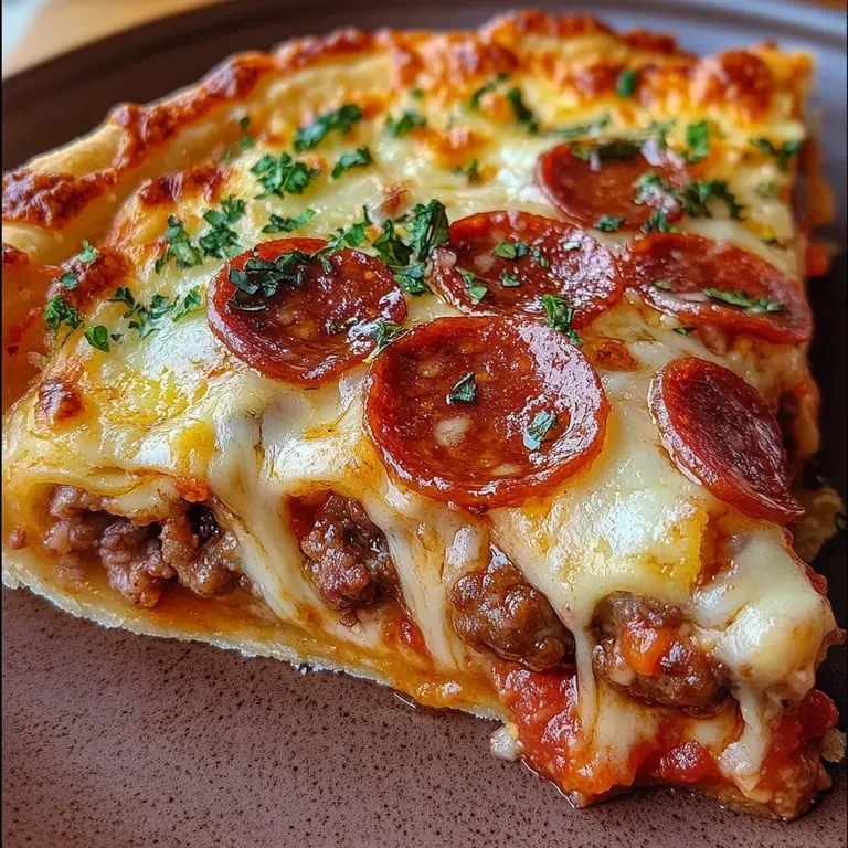 Ein Pizzastück mit Pepperoni und geschmolzenem Käse.