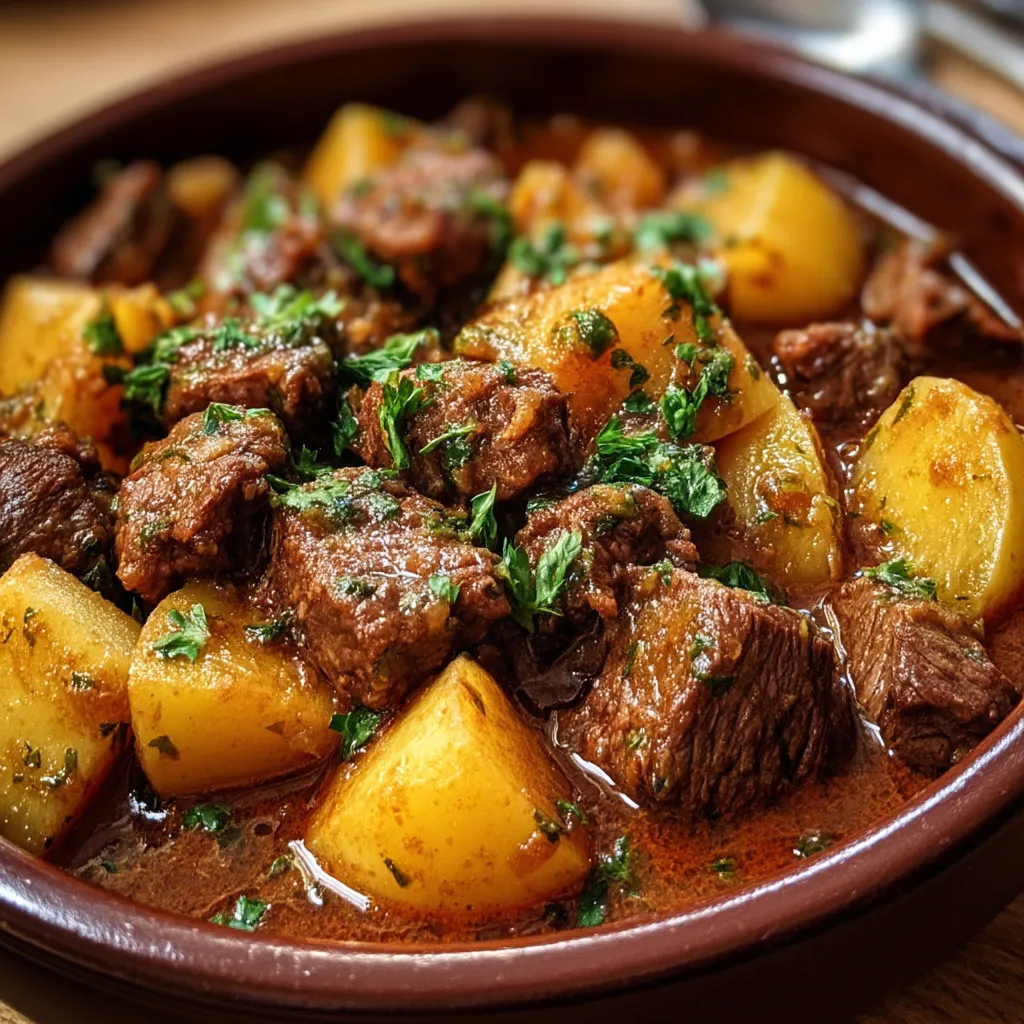 Schüssel mit Rind und Kartoffeln.