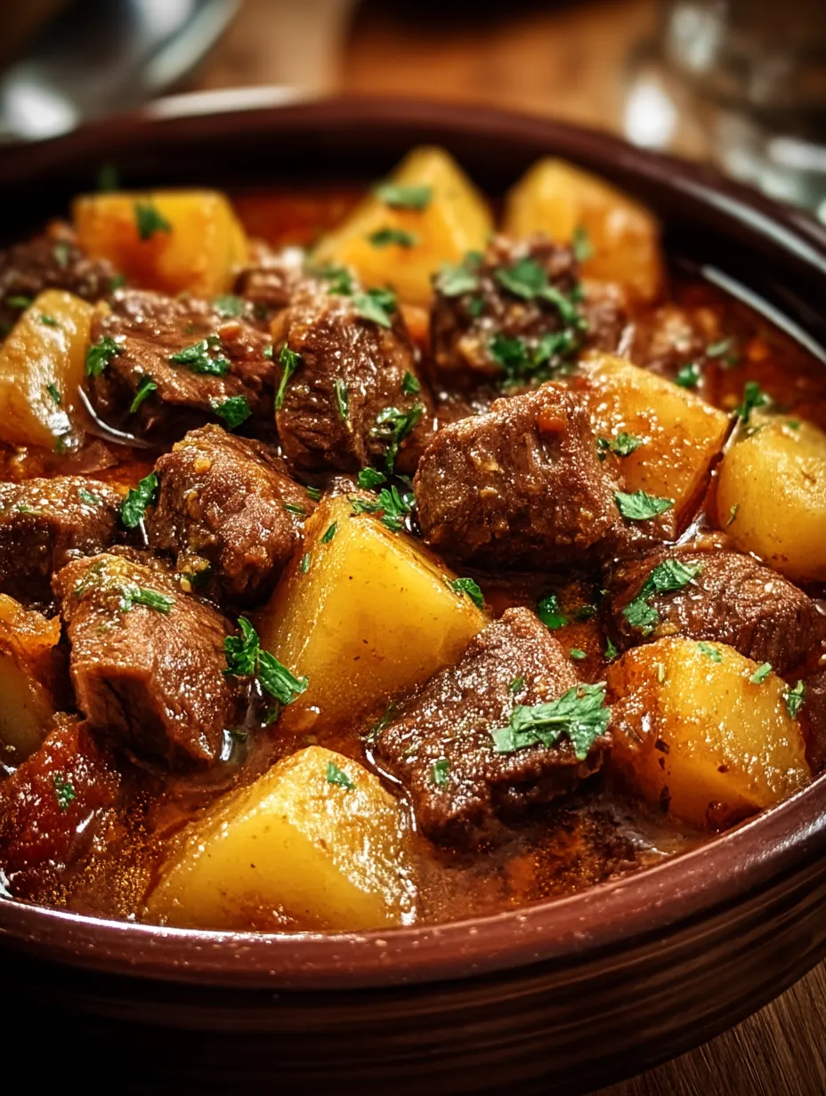 Eine Schale voller leckerem Fleisch und Kartoffeln.