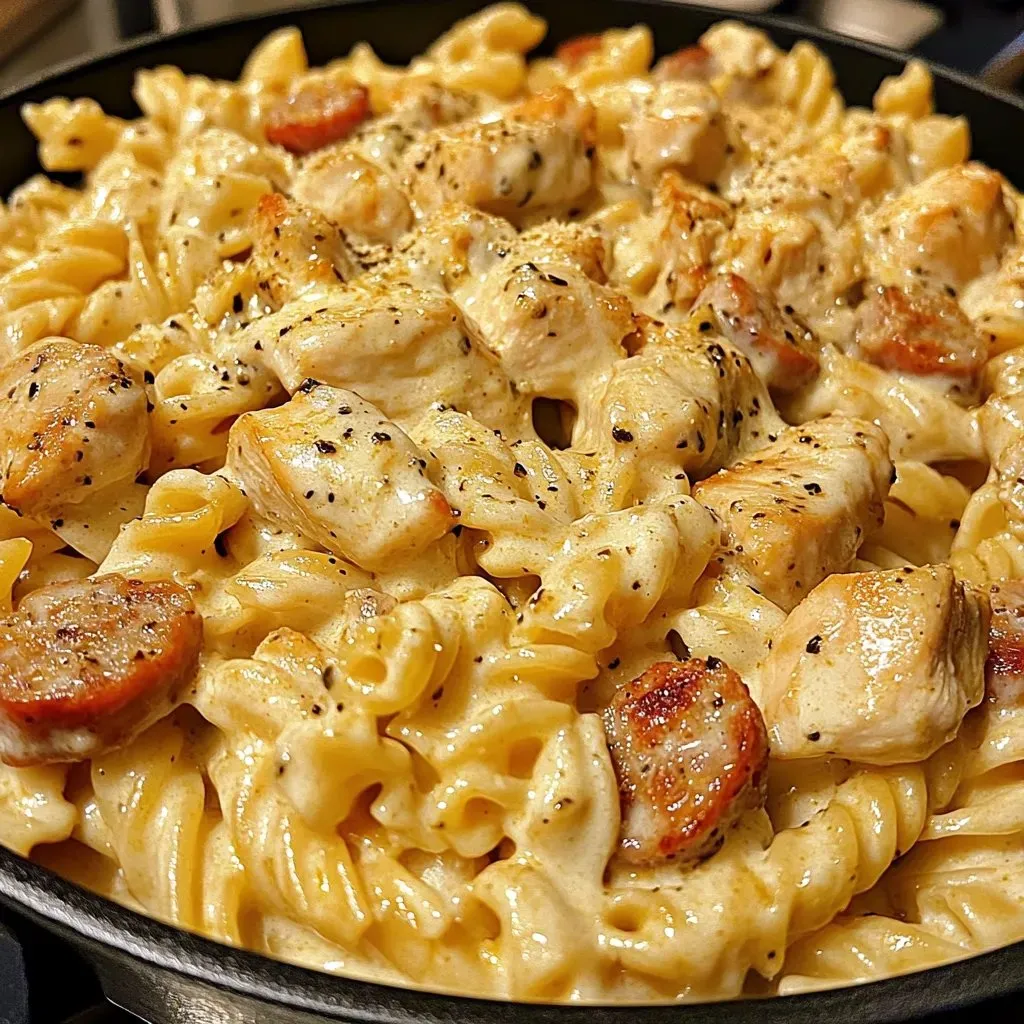 Eine Pfanne voll Pasta mit Hähnchen und Wurst.