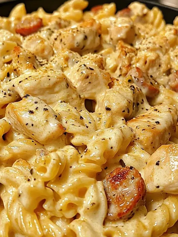 Ein Teller mit Hühnchen, Pasta und Tomaten.