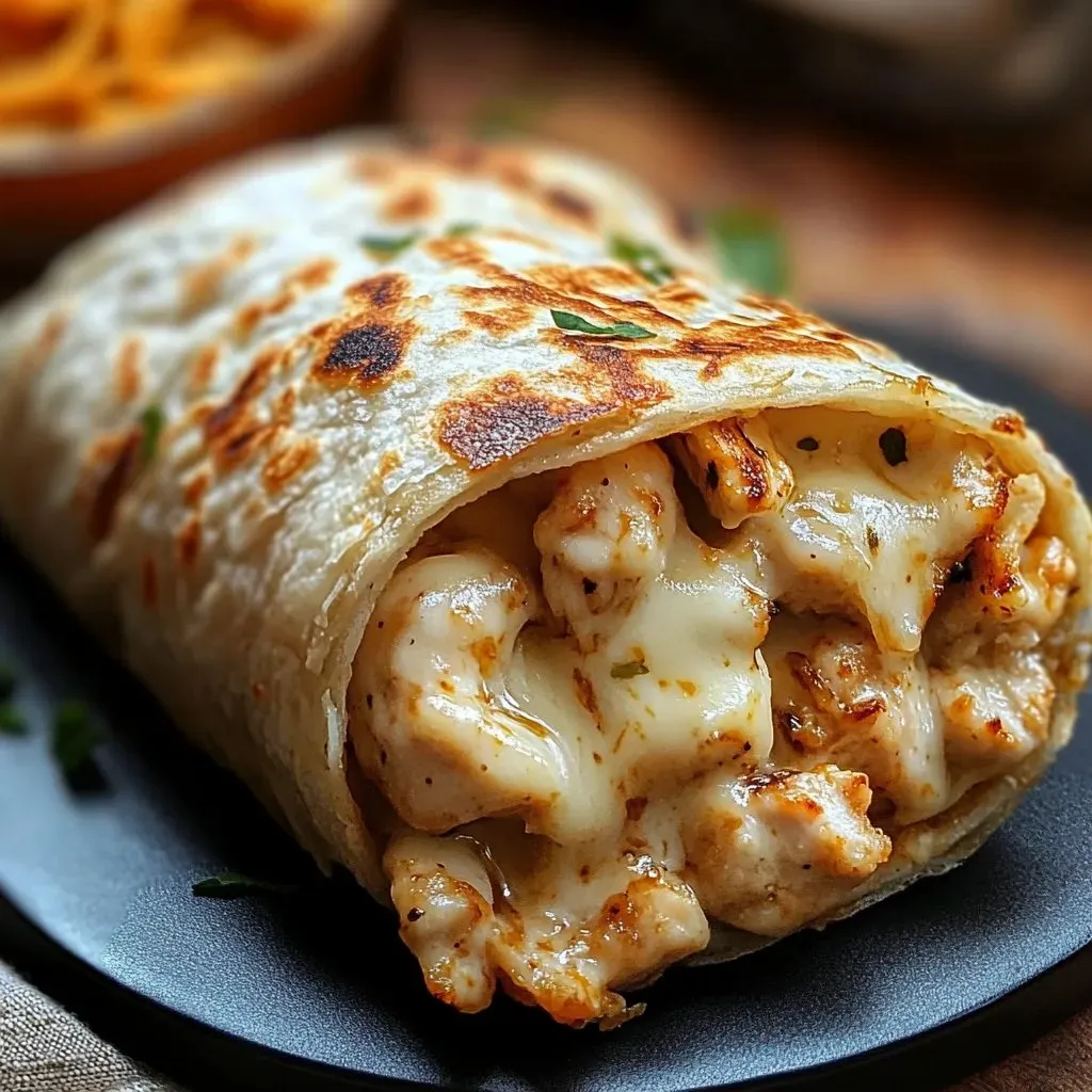 Ein Hähnchen-Burrito auf einem Teller.