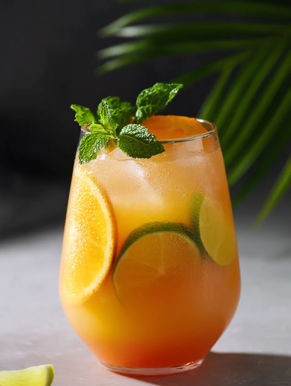 Ein Glas Orangensaft mit Minzblättern.