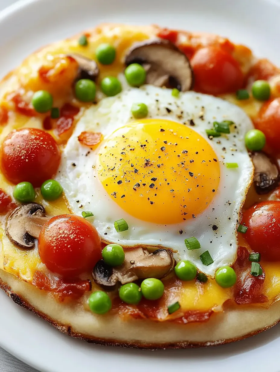 Eine Frühstückspizza mit Ei, Pilzen, Tomaten und Erbsen.