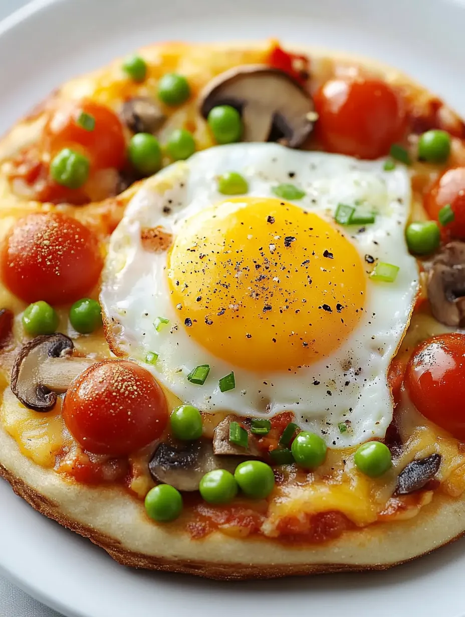 Eine Frühstückspizza mit Ei, Tomaten, Erbsen und Pilzen.