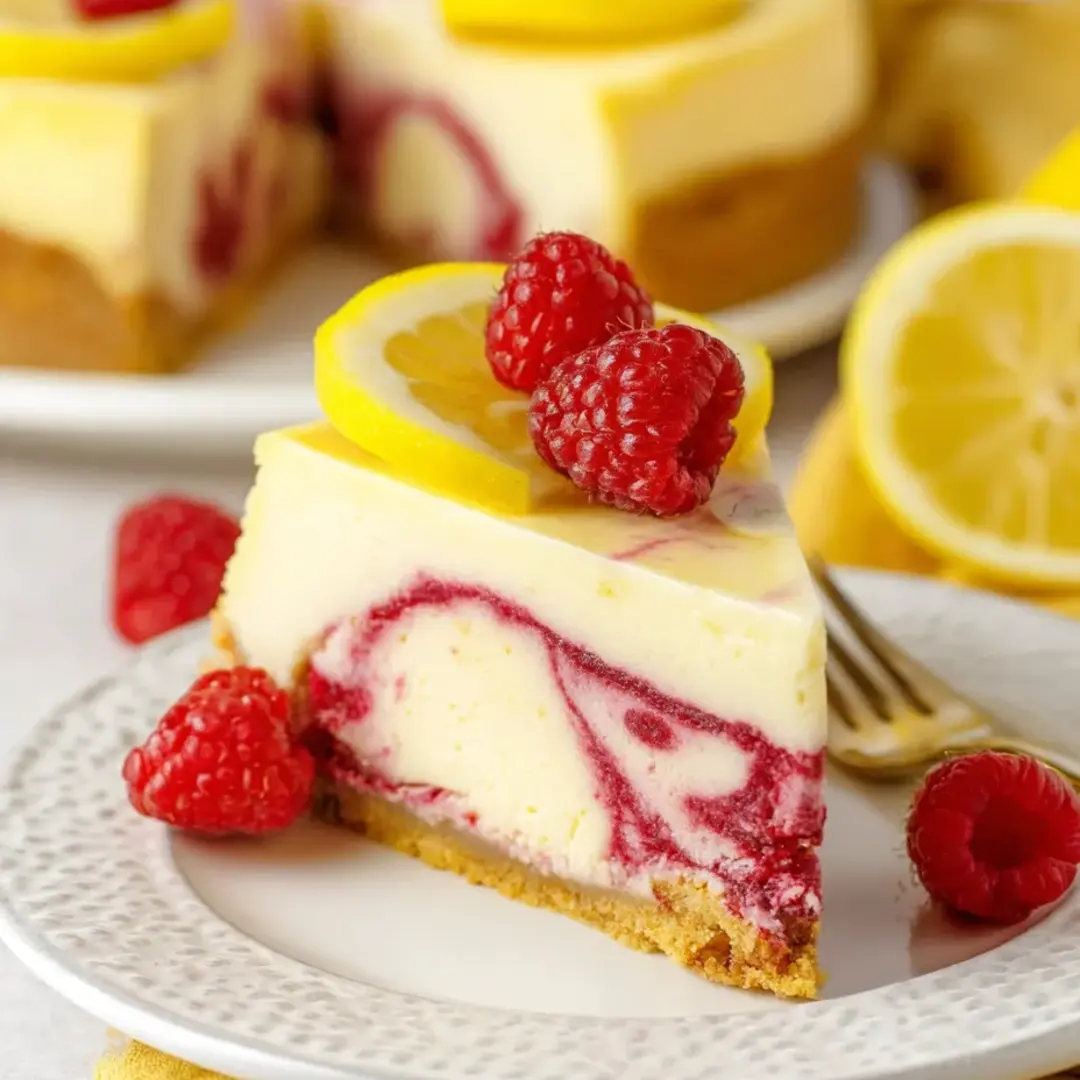 Ein Stück Zitronenkuchen mit Himbeeren obendrauf.