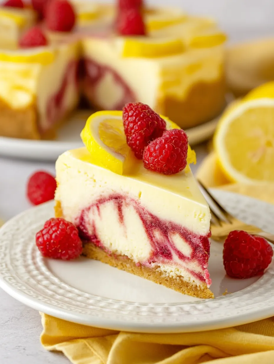 Ein Stück Käsekuchen mit Himbeeren oben drauf.