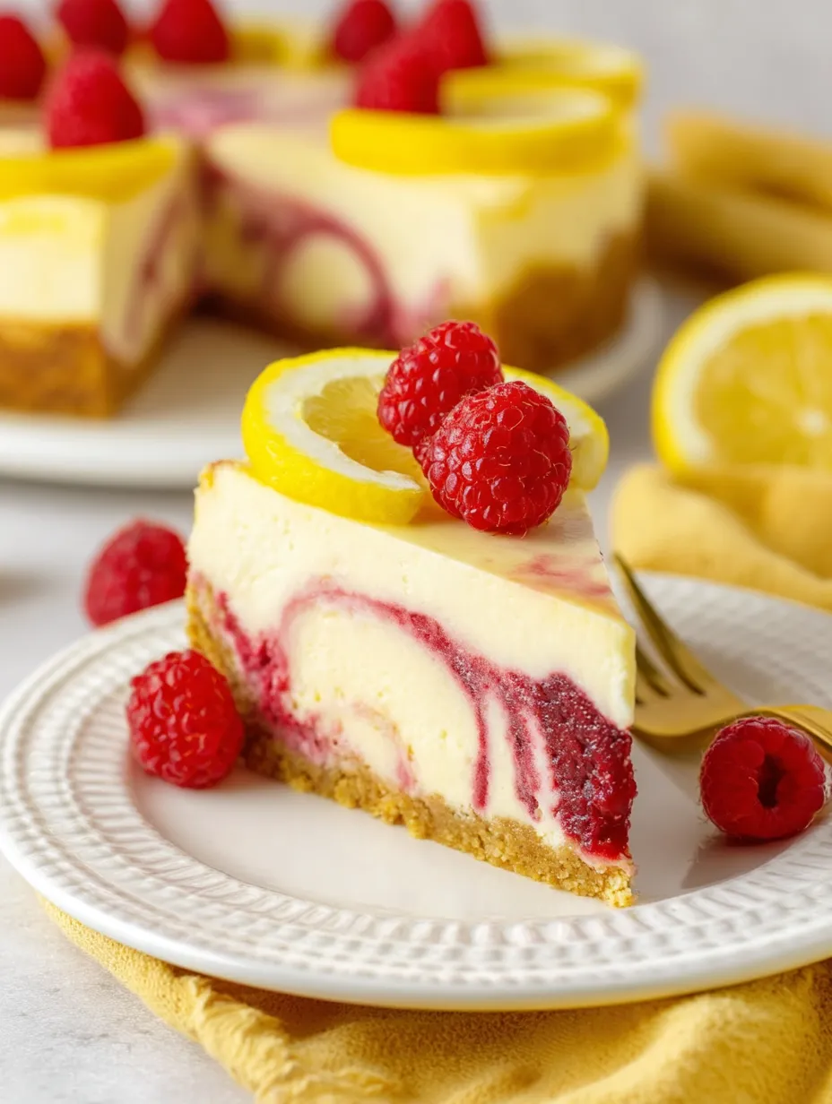 Ein Stück Käsekuchen mit Himbeeren oben drauf.