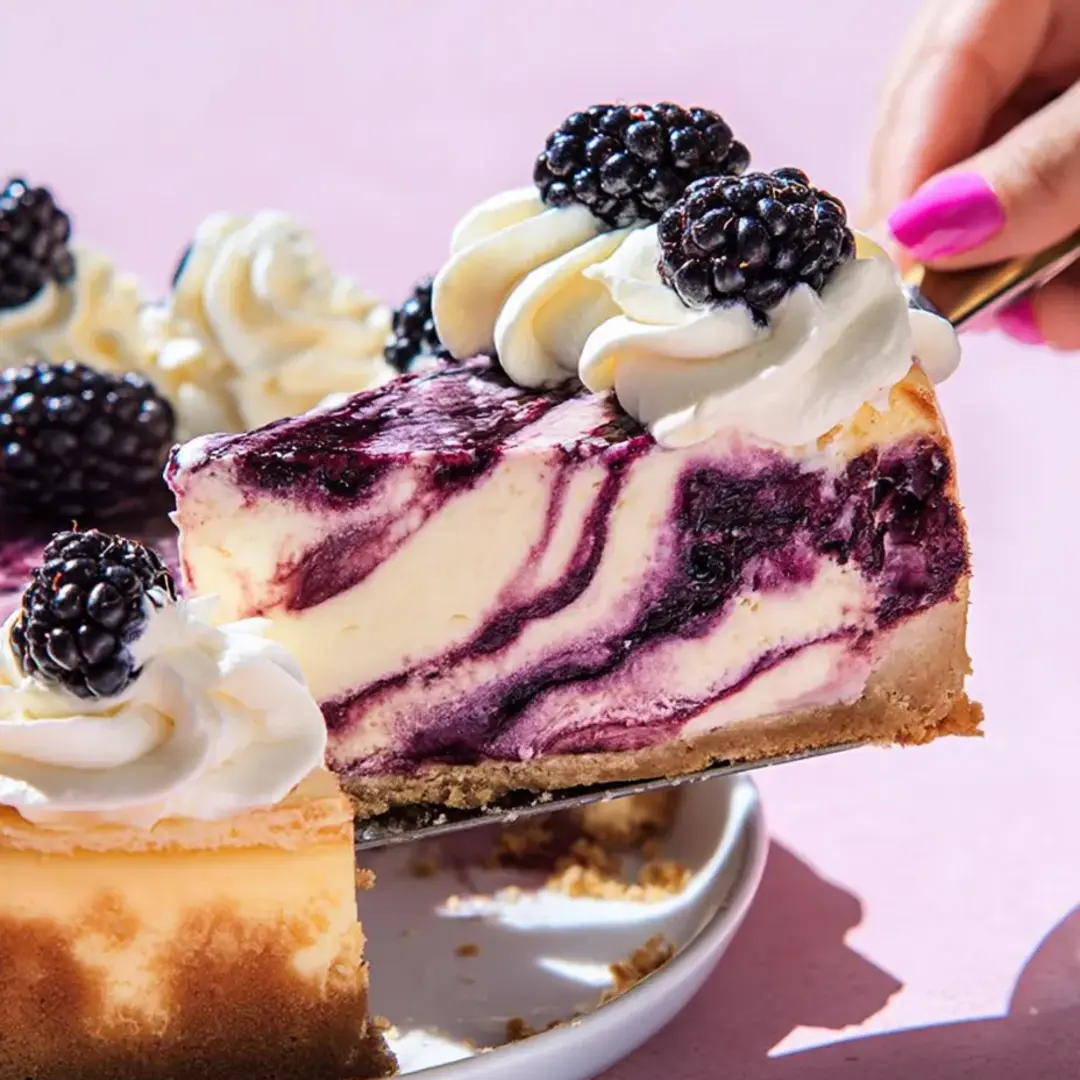 Ein Stück Blaubeer-Käsekuchen wird gegessen.