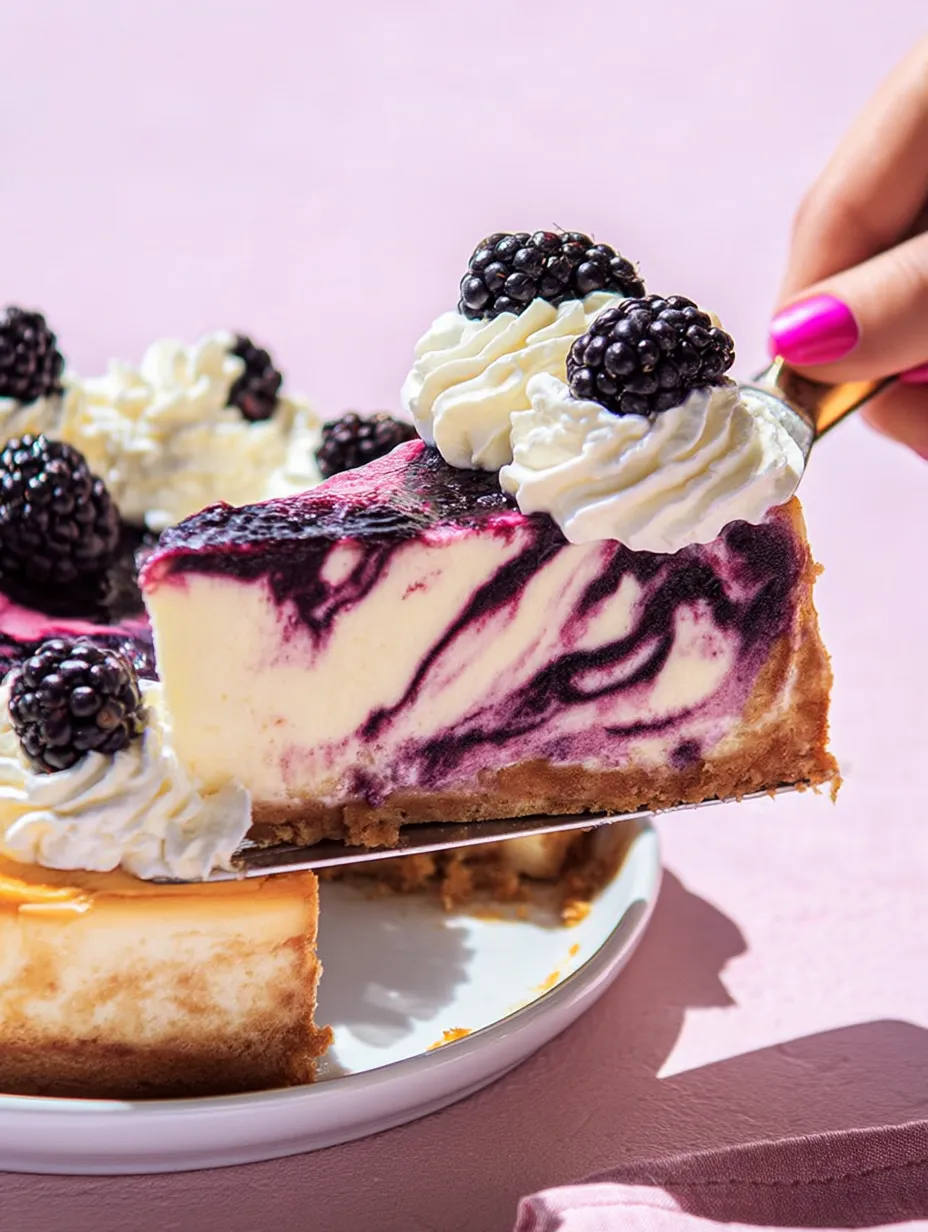 Ein Stück Käsekuchen, garniert mit Brombeeren.