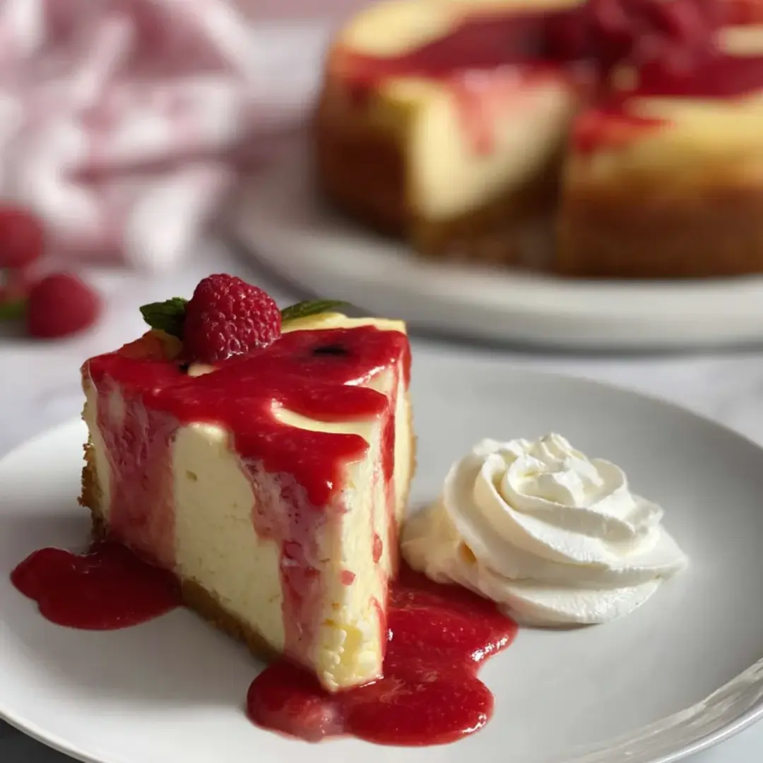 Ein Stück Käsekuchen mit Sahnehäubchen obenauf.