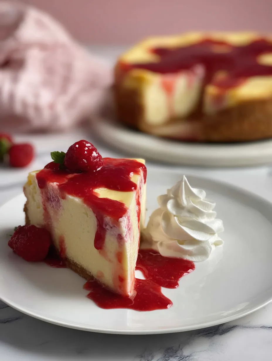Ein Stück Käsekuchen mit Kirsche oben drauf.