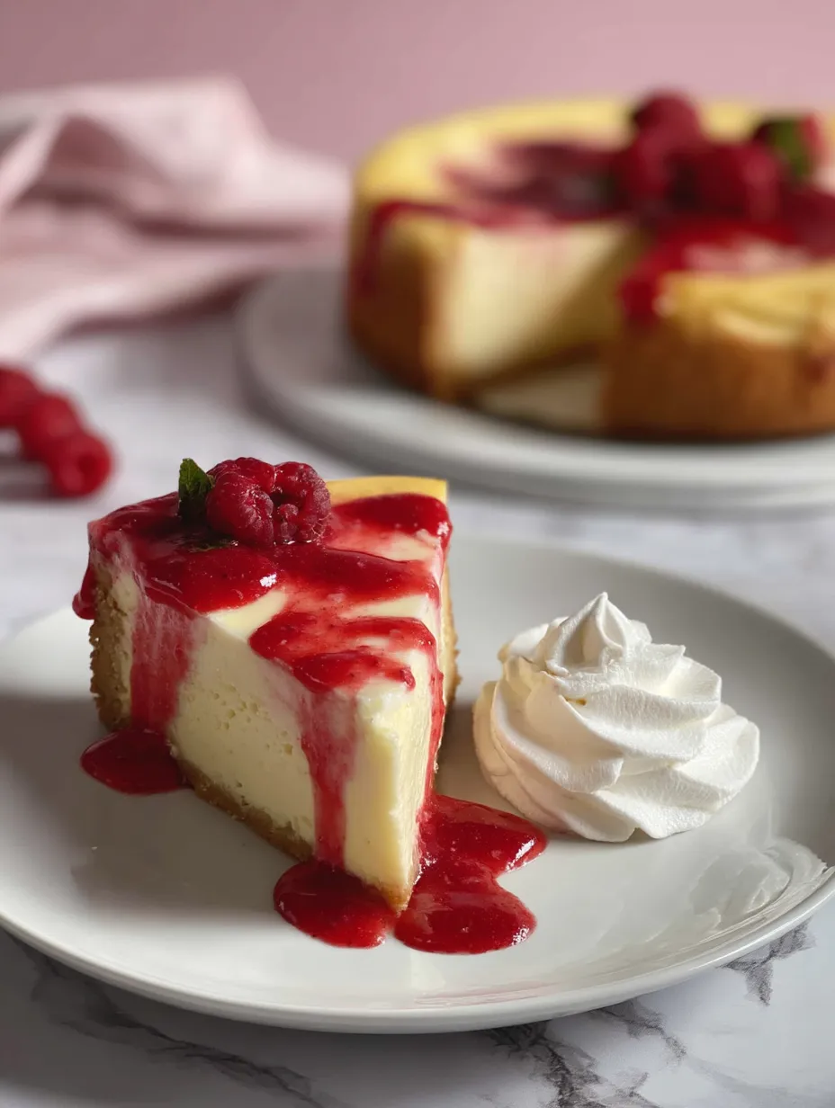 Ein Stück Käsekuchen mit Himbeersauce.
