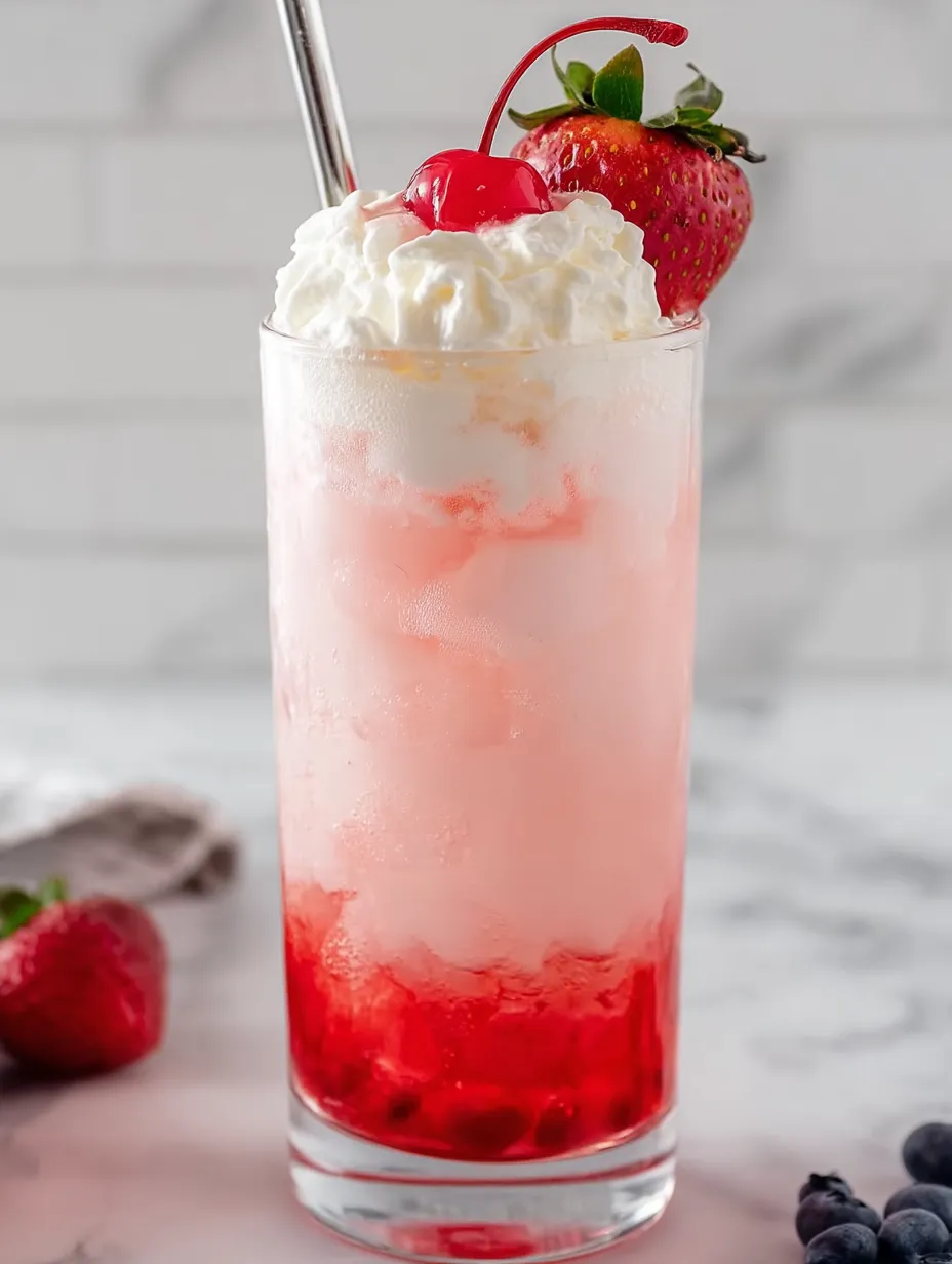 Ein Glas rosa Getränk mit Erdbeeren.