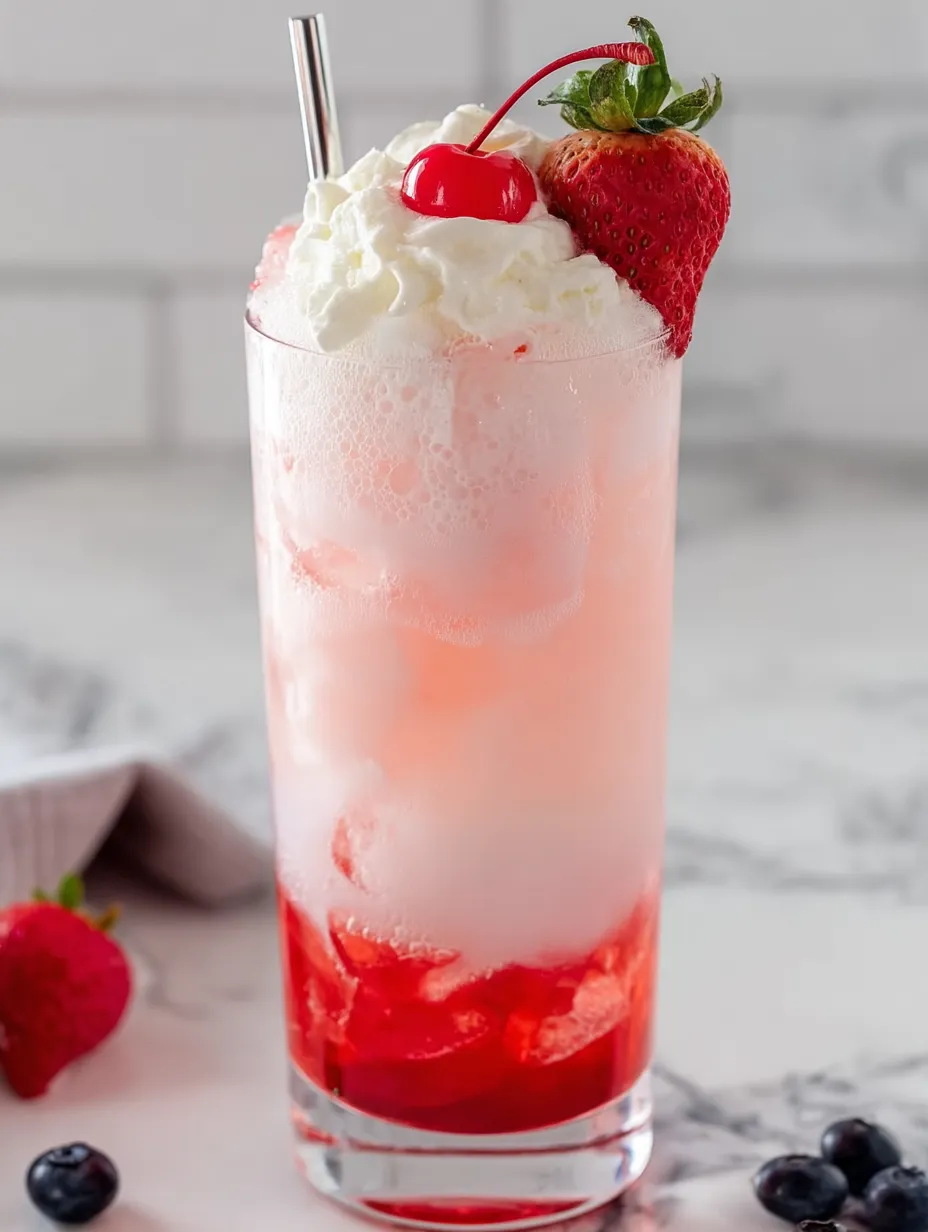 Ein Glas rosa Getränk mit Erdbeeren.