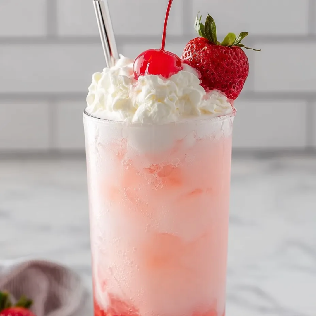 Ein Glas rosa Limo mit einer Kirsche oben drauf.
