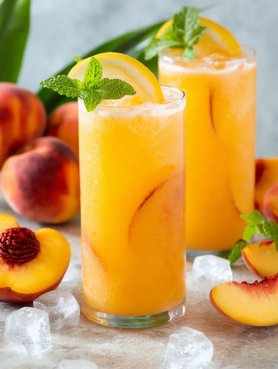Ein Glas Orangensaft mit Zitronenscheibe obenauf.
