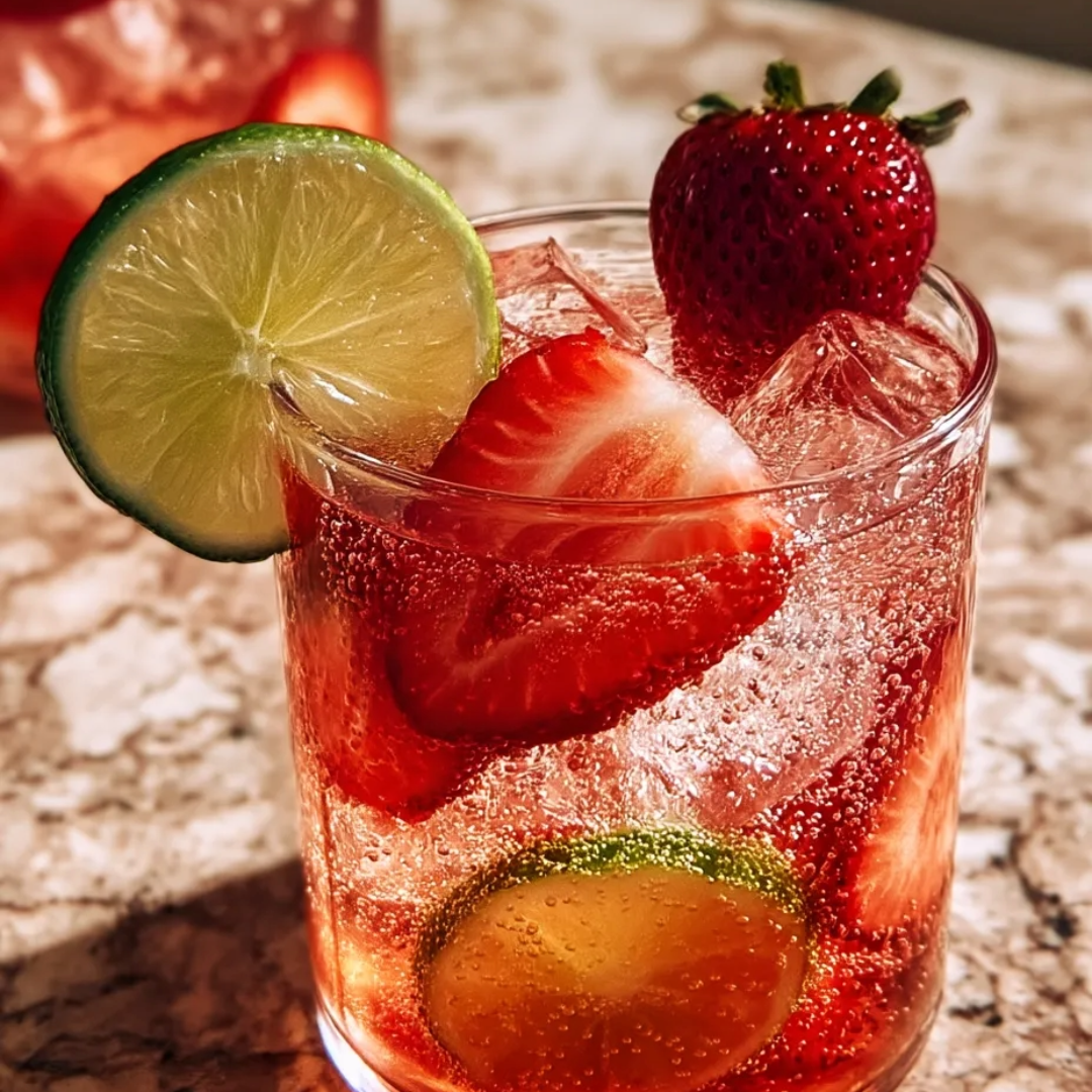 Ein Glas mit rotem Drink, garniert mit Erdbeeren und Limetten.