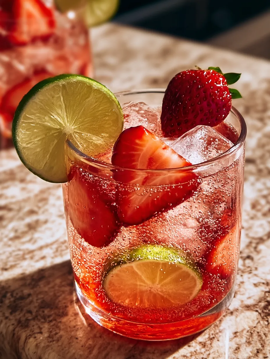 Ein Glas mit pinkem Getränk, Erdbeeren und Limetten.