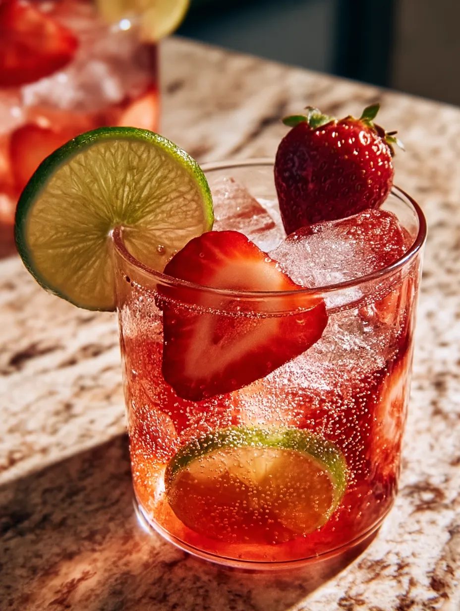 Ein Glas mit rotem Getränk, Erdbeeren und Limetten.