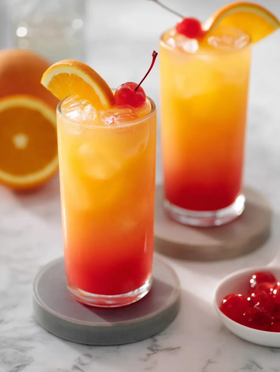 Zwei Gläser Orangensaft mit Kirschen oben drauf.