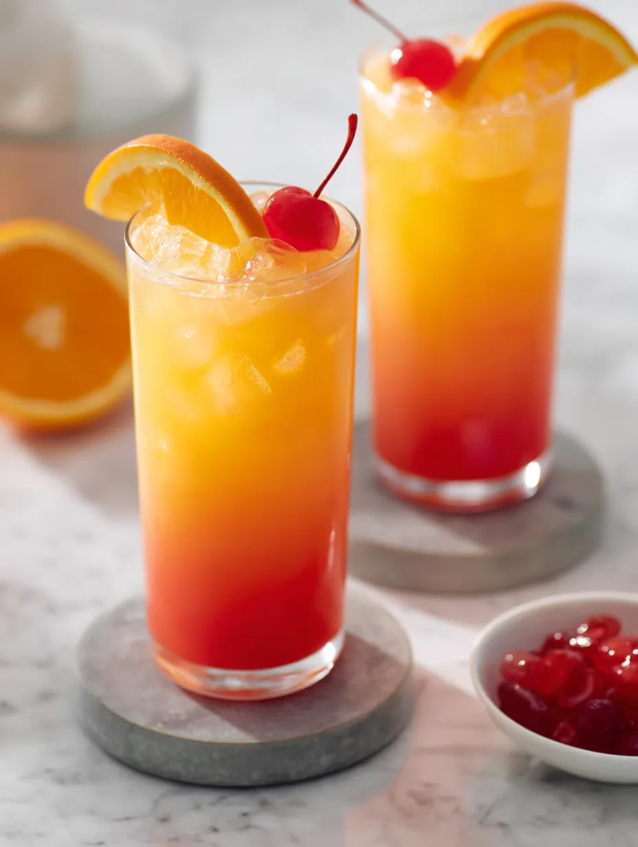 Zwei Gläser Orangensaft, daneben liegen Kirschen.