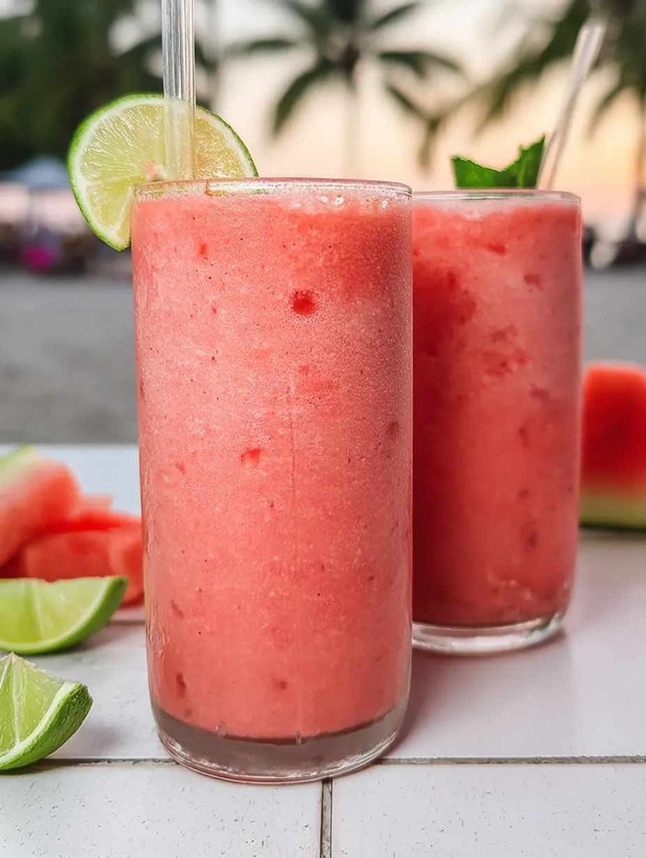 Zwei Gläser pinkes Getränk mit Limetten.
