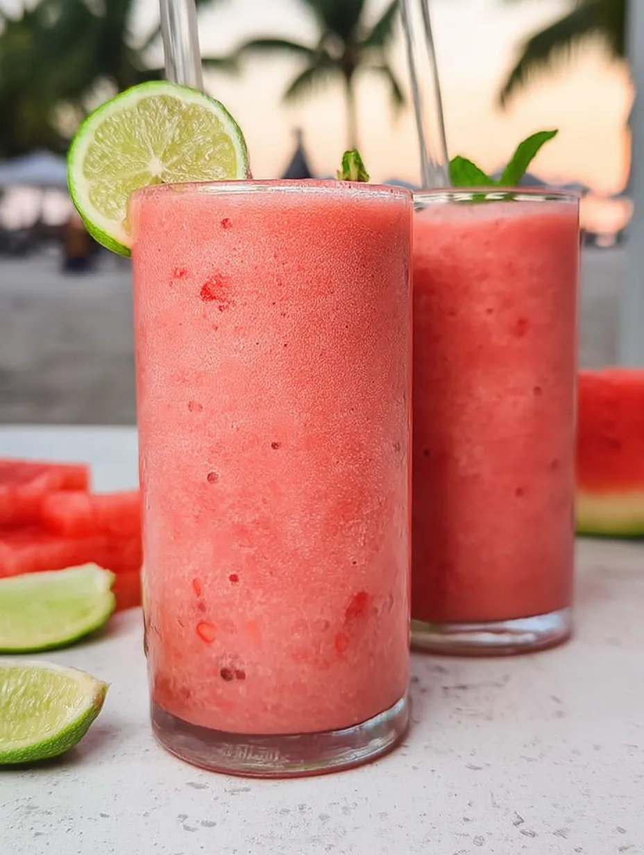 Zwei Gläser pinker Smoothie mit Limetten am Rand.