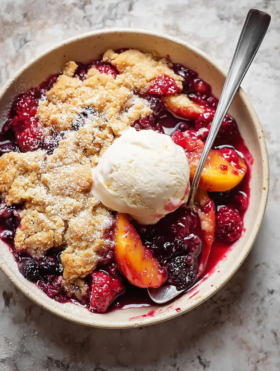 Eine Portion Obst mit einer Kugel Eis oben drauf.