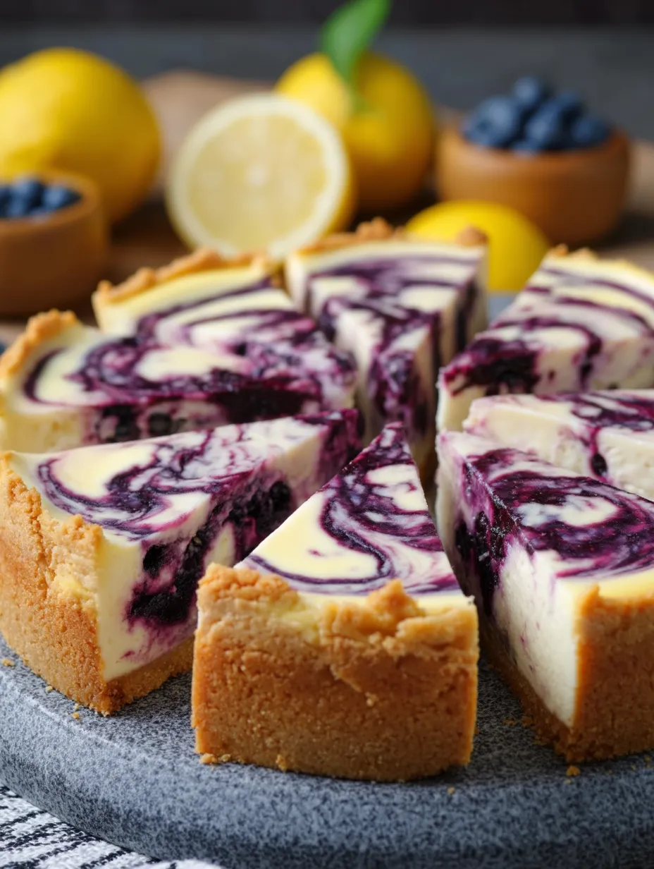 Ein Stück Käsekuchen mit Blaubeeren und Zitronenscheiben daneben.