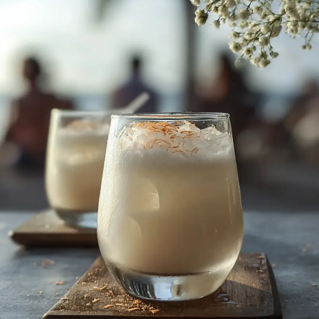 Zwei Gläser Milch mit orangen Sprenkeln auf einem Tisch.