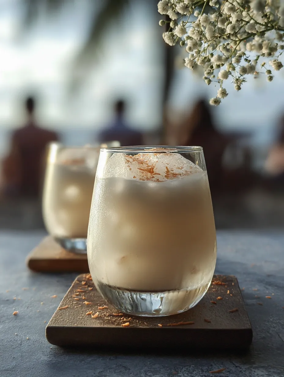 Zwei Gläser mit weißen Drinks und orangen Streuseln obendrauf.