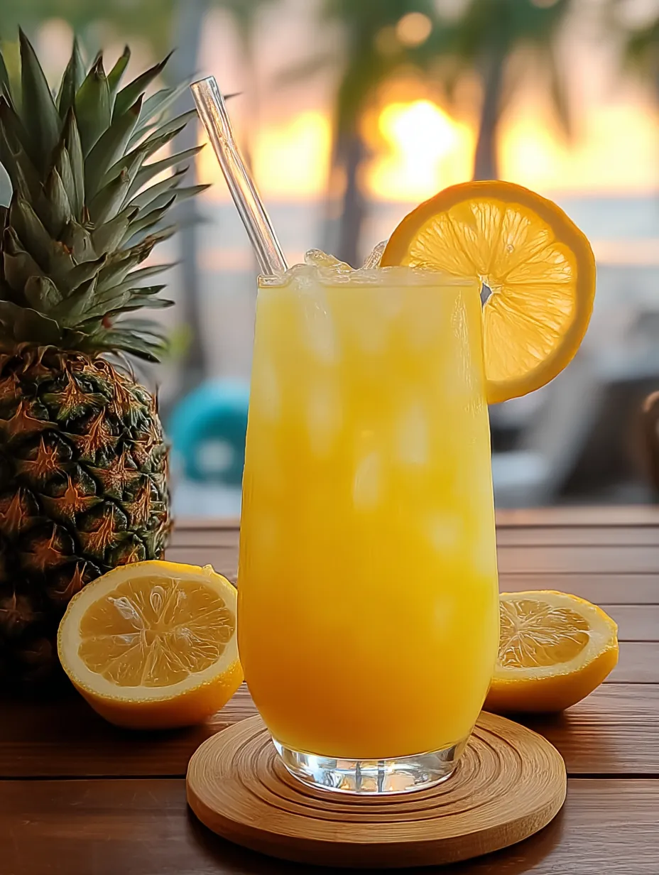 Ein Glas Orangensaft mit Zitronenscheibe oben drauf.