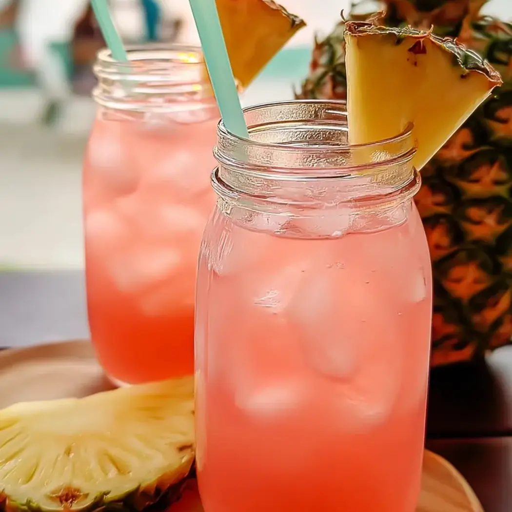 Zwei Gläser pinker Drink mit Ananasstücken darin.