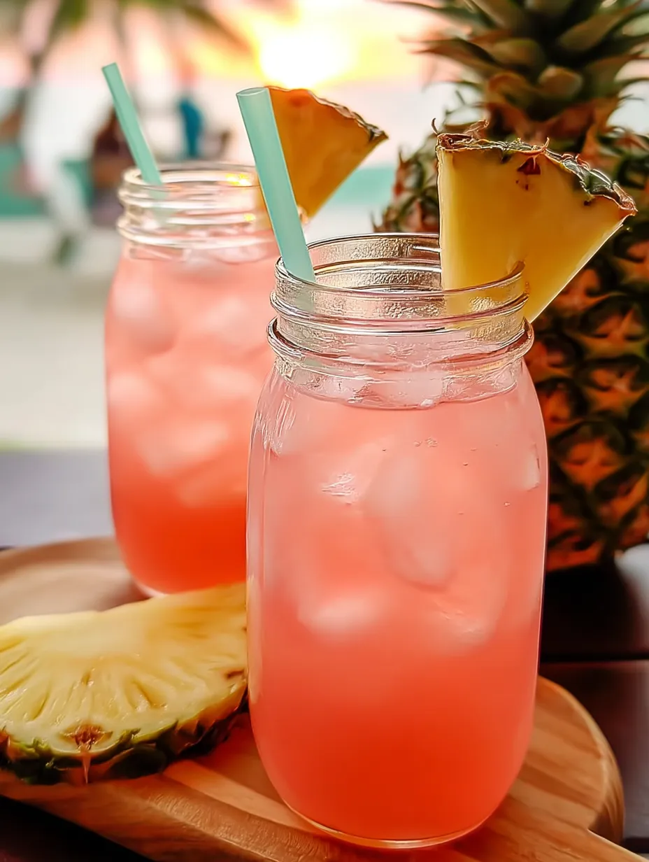 Zwei Gläser vom pinken Drink mit Ananasscheiben.