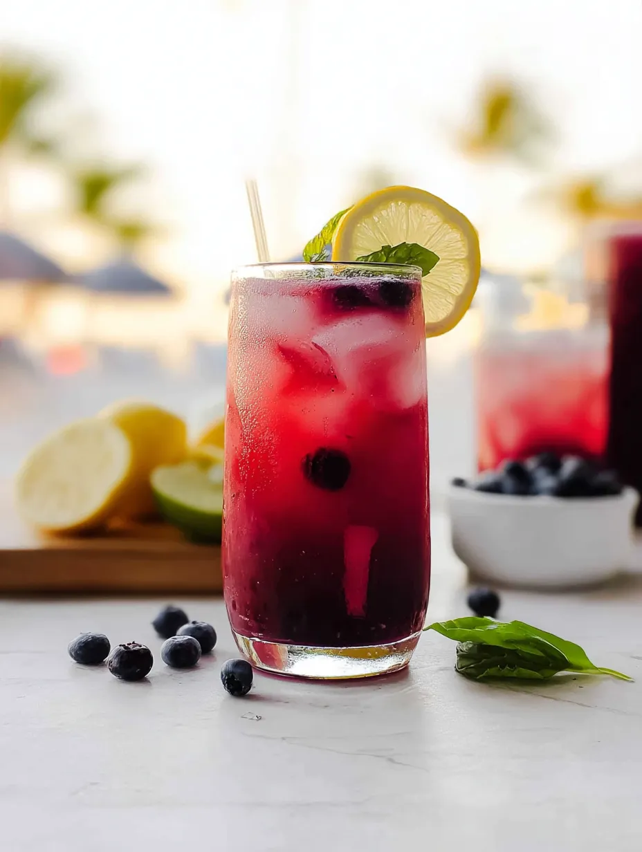Ein Glas mit Blaubeer-Limonade und einer Zitronenscheibe am Rand.